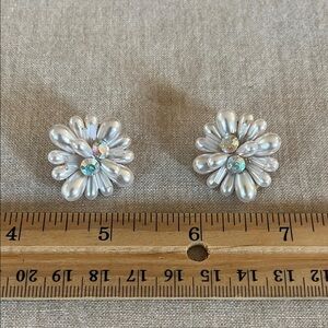 Vintage Pearl and Crystal Flower Clip Earrings